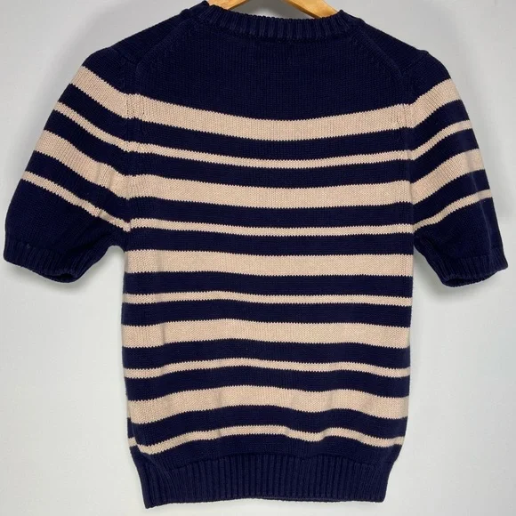 Lands End Vintage Short Sleeve Sweater Cream Navy Nautical Coastal Grandma Knit - Picture 5 of 9